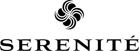 A black and white logo for serenite with a swirl on it