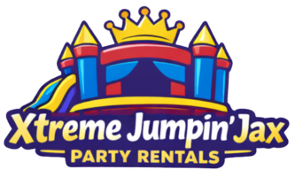 logo for Xtreme Jumpin Jax Party Rentals has a bounce house
