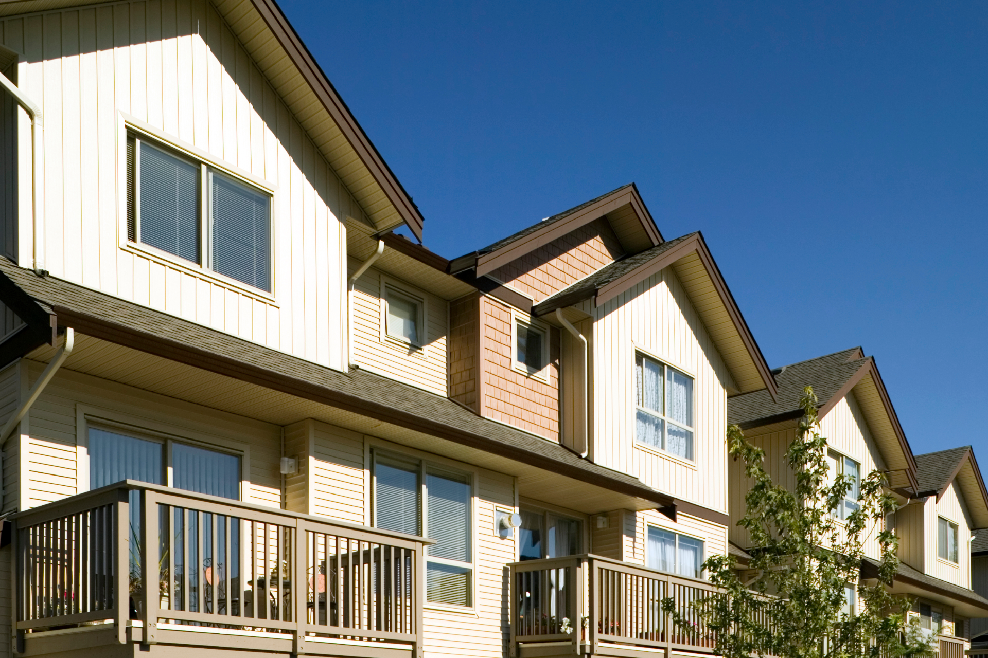 Family entering a brightly lit home, dog in front. Wooden floors, staircase, and side table with decor.