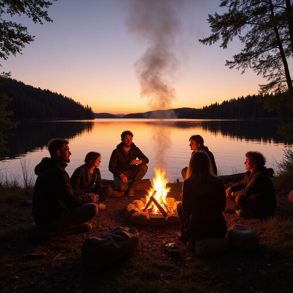 People gathered around a campfire at dusk by a lake; silhouettes against the orange sky.