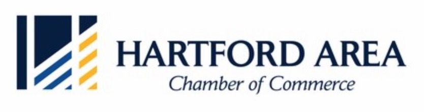 Logo for the Hartford Area Chamber of Commerce, featuring blue and gold abstract geometric shapes and bold text.