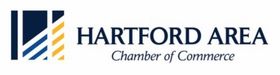 Logo for the Hartford Area Chamber of Commerce, featuring blue and gold abstract geometric shapes and bold text.