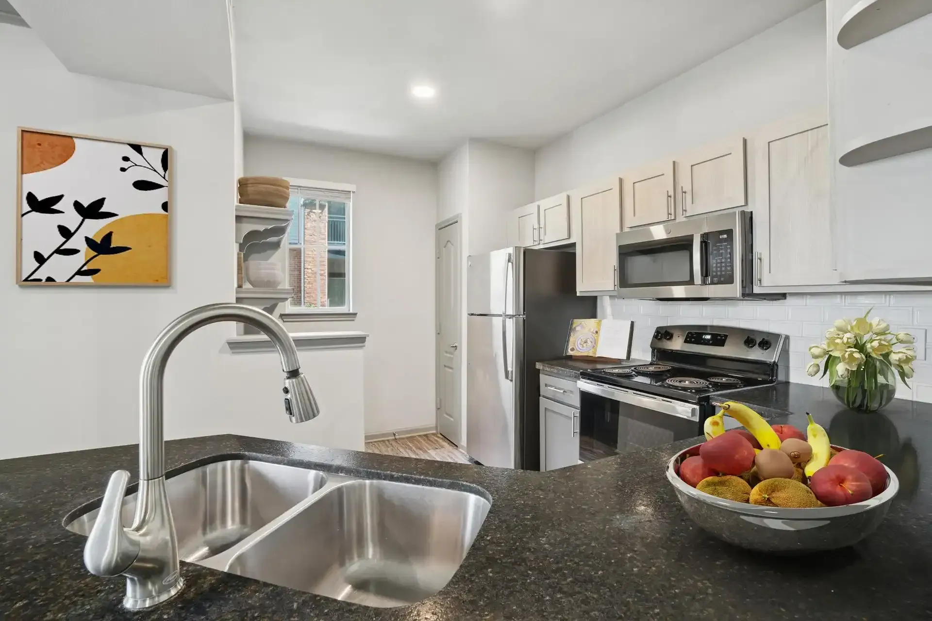 Kitchen with stainless steel appliances, dark countertop, and fruit bowl; a framed art piece hangs on the wall.