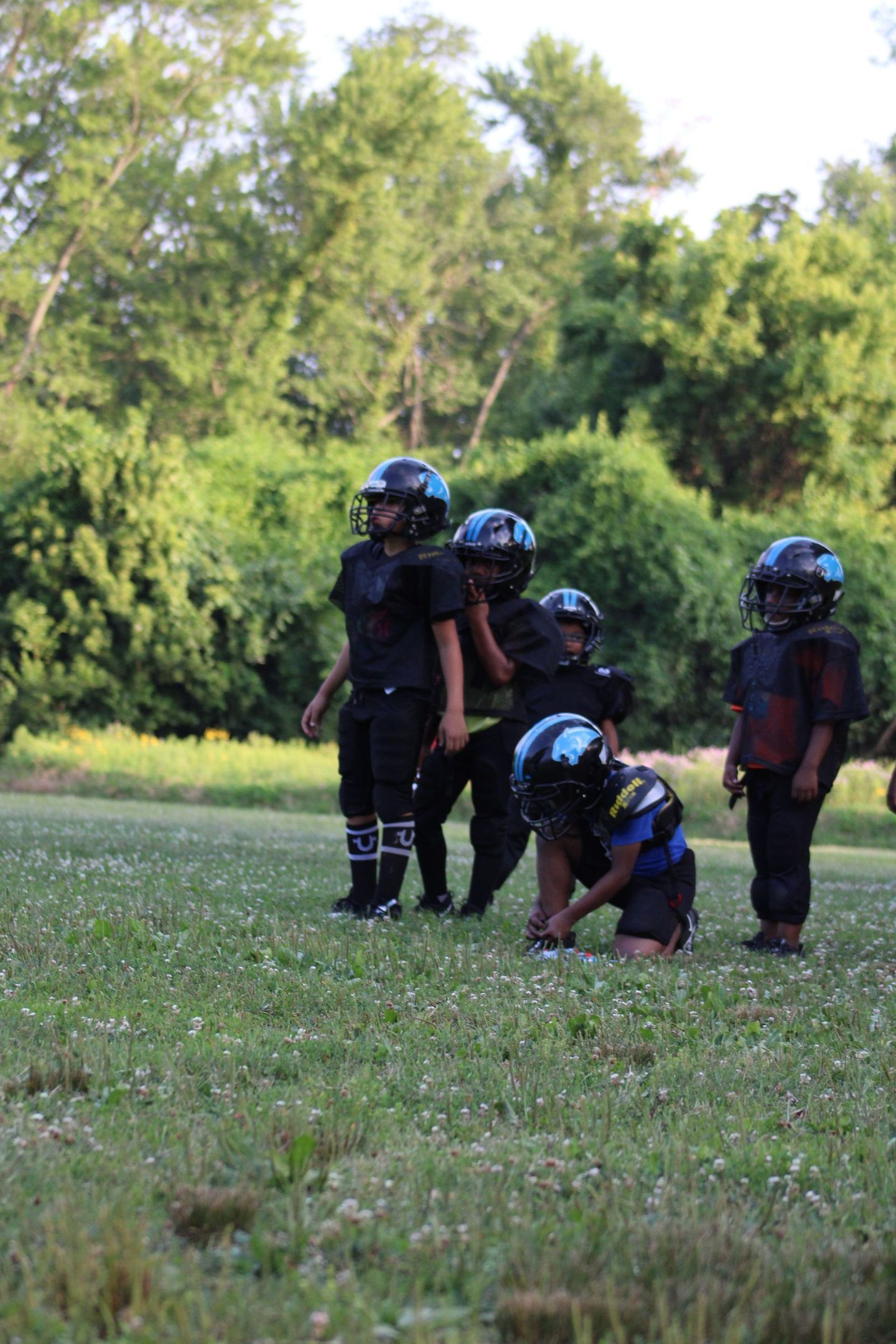 Youth football players in black uniforms on a grassy field.
