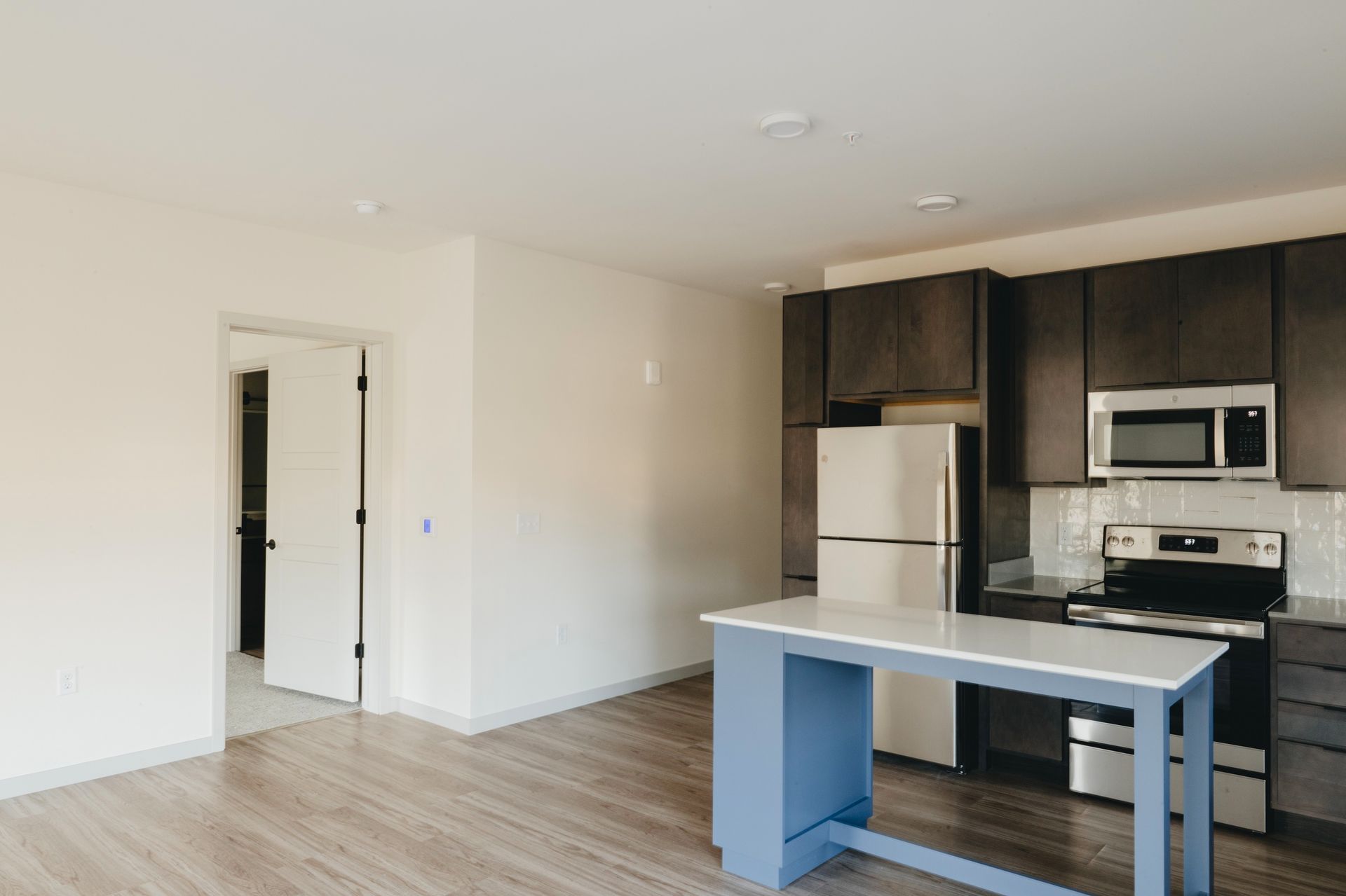 Empty modern kitchen with light wood floors, dark cabinets, stainless steel appliances, and blue island at Revelry in Madison WI.