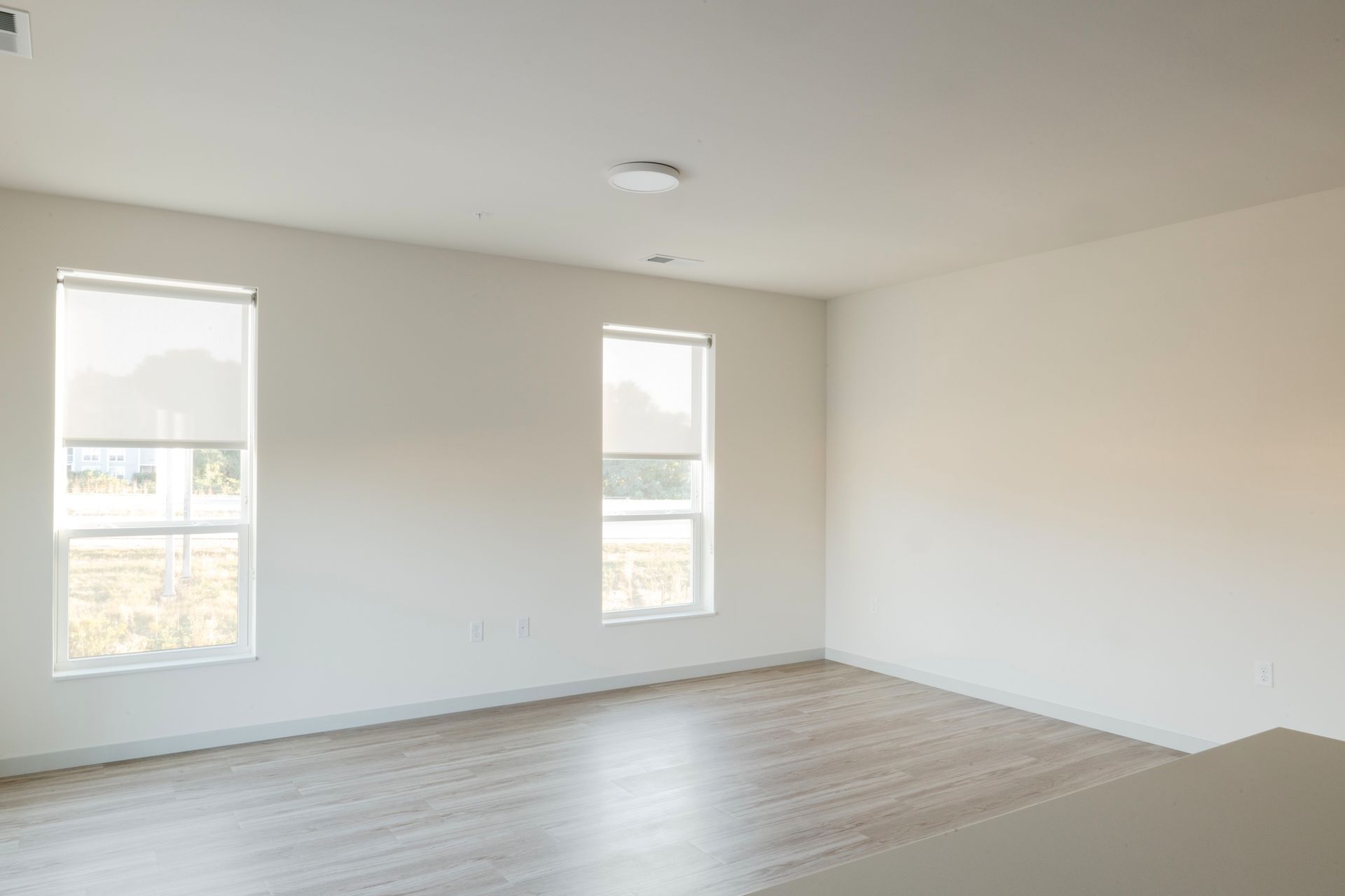Empty room with two windows, roller blinds, and light-colored flooring and walls at Revelry in Madison WI.