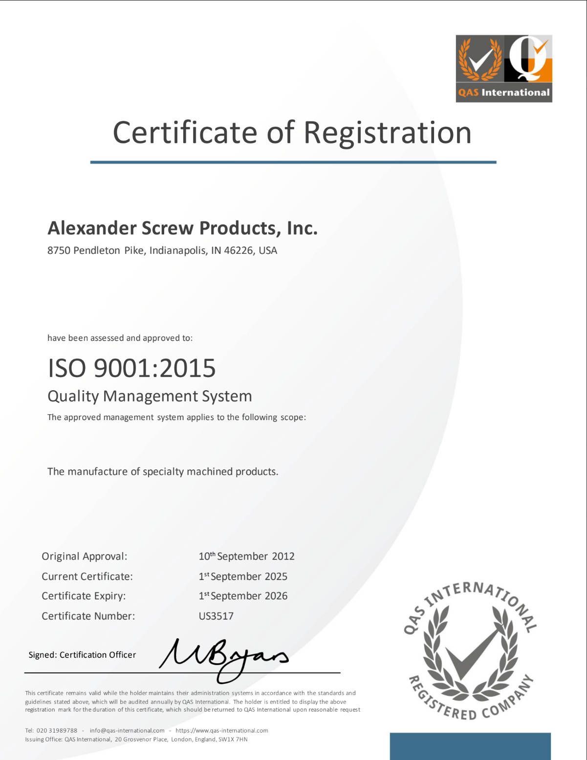 Certificate of Registration for Alexander Screw Products, Inc. ISO 9001:2015, with the GAS International logo.