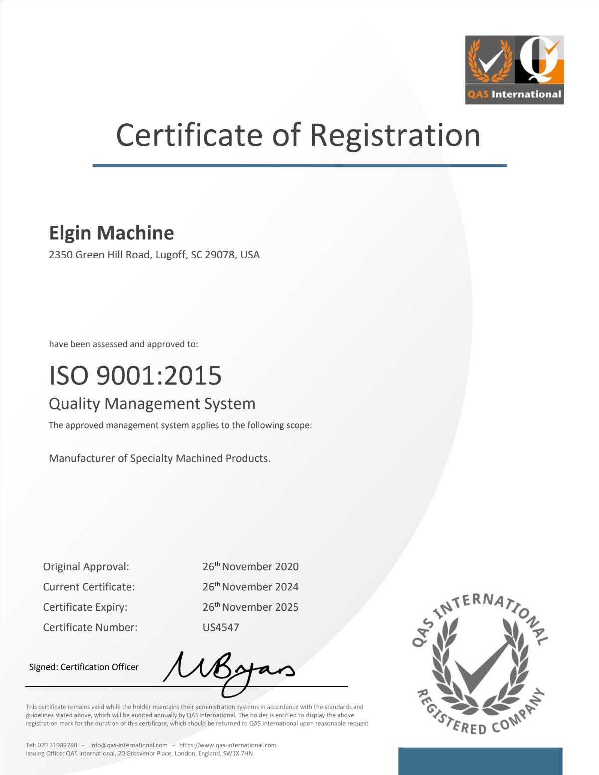 Certificate of Registration from Elgin Machine, ISO 9001:2015 certified, issued by GAS International.