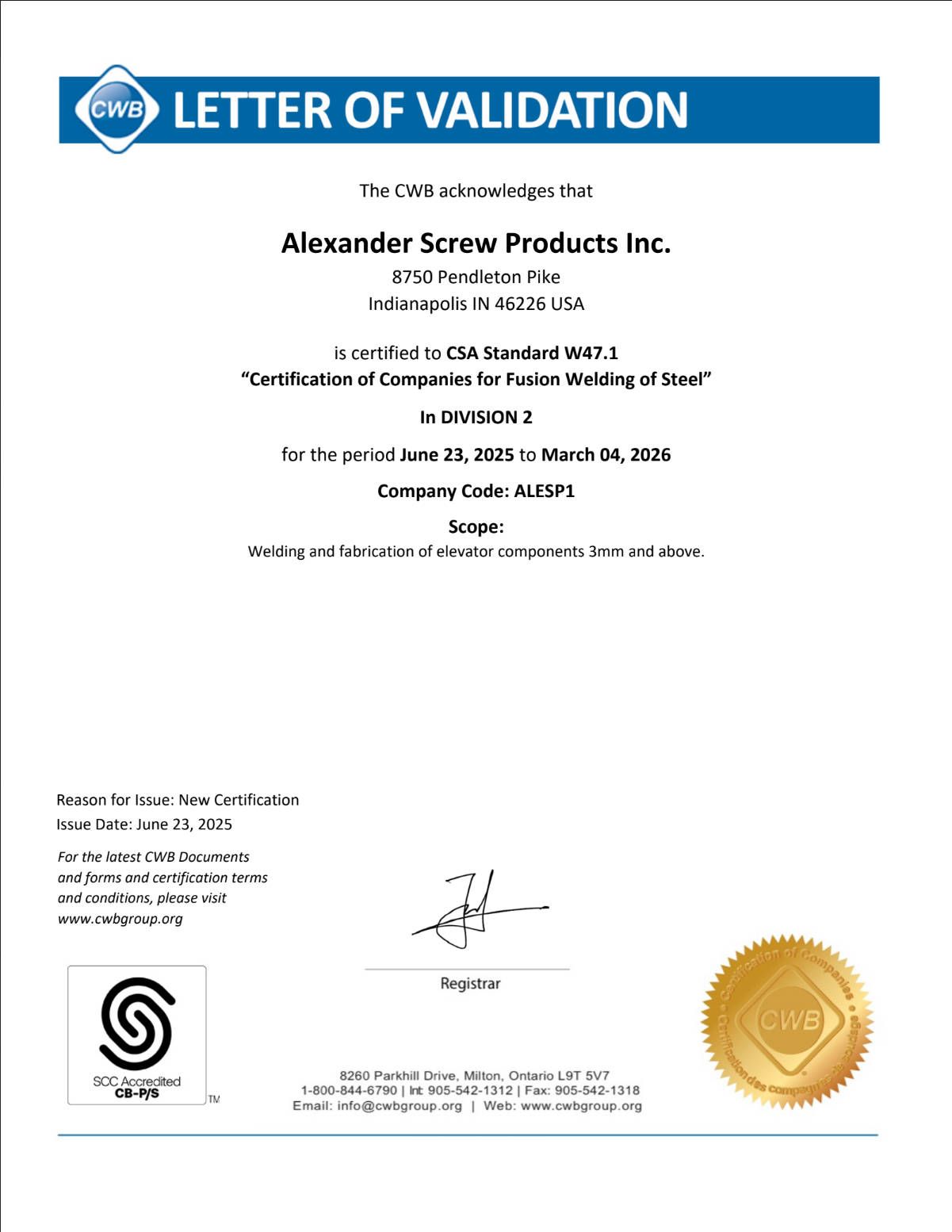 Letter of Validation from Alexander Screw Products Inc., detailing the validation of components for fasteners.