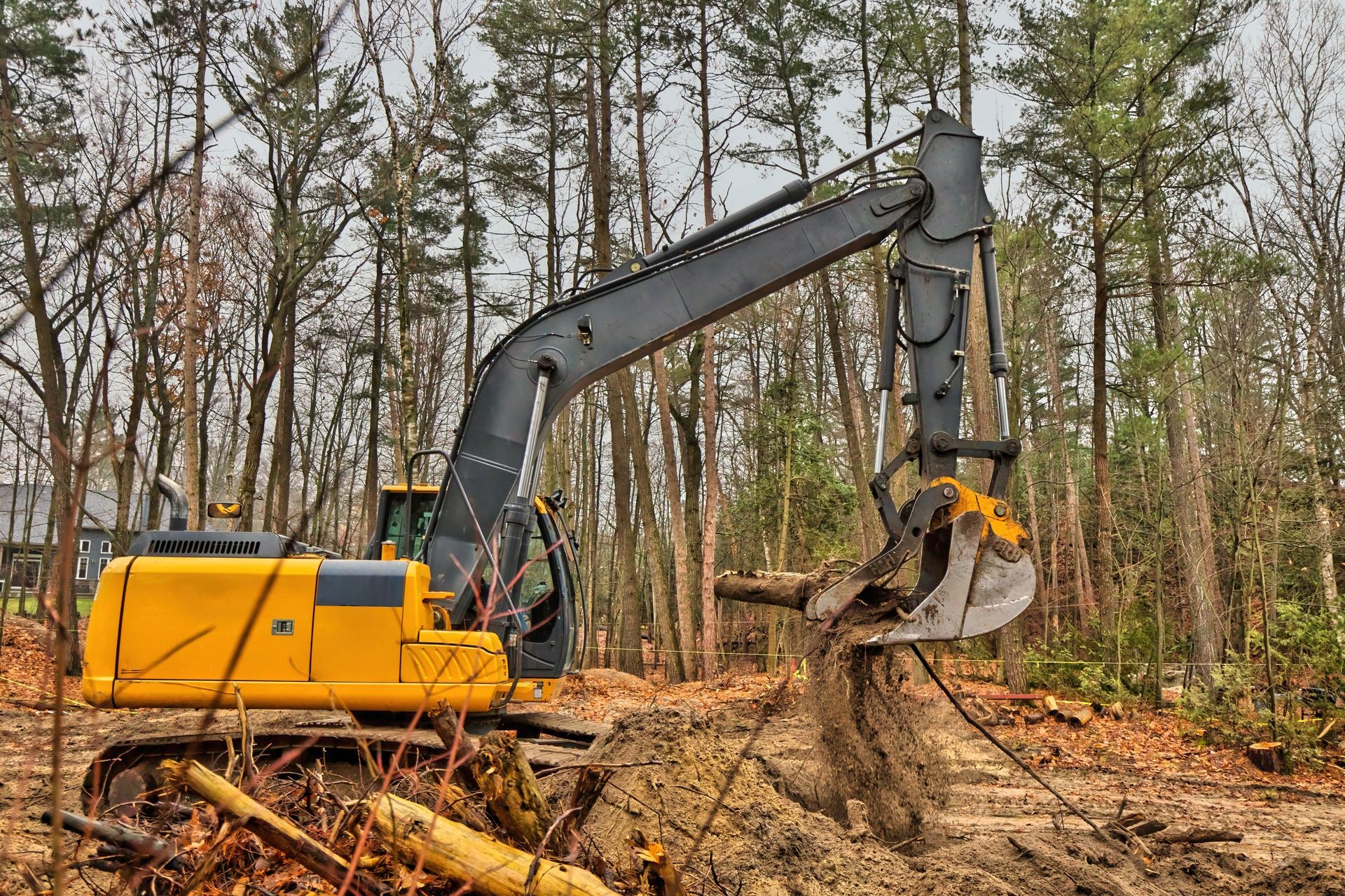 Yellow excavator in a forest clearing, digging up earth.