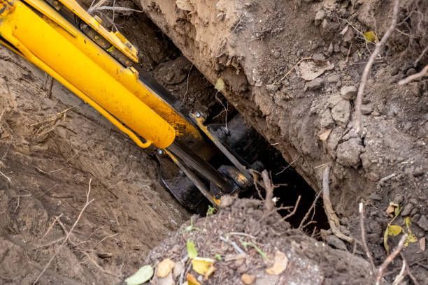 Yellow excavator arm in a dark trench, digging into the earth.