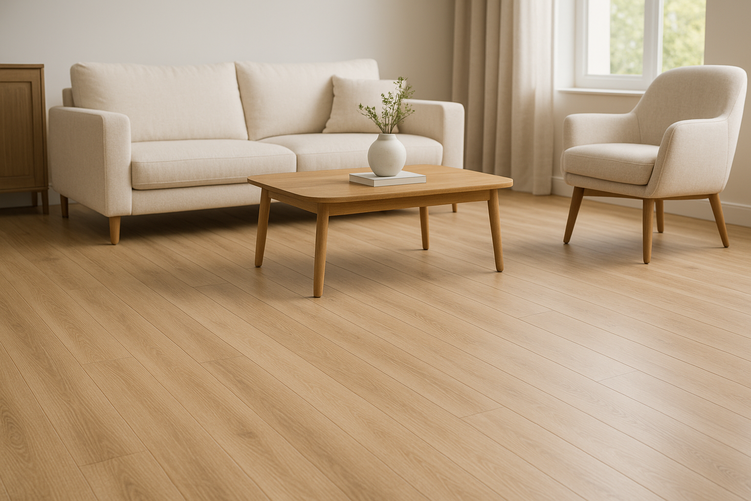 Modern living room with light oak luxury vinyl plank flooring, beige sofa and armchair, wood coffee table, and large window letting in natural light.