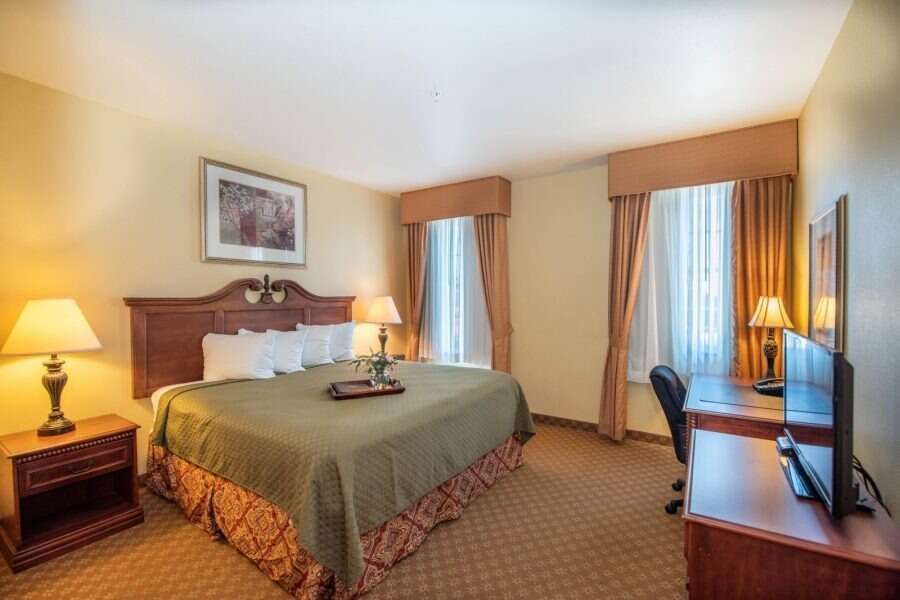 Hotel room with king-size bed, desk, TV, two windows with curtains, lamps on nightstands, and wall art.