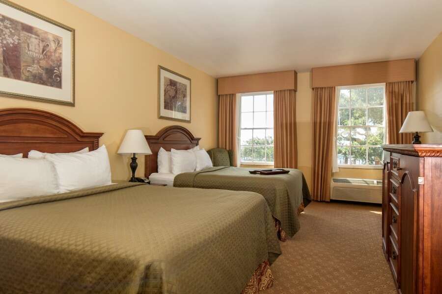 Two-bed hotel room with olive green comforters, two windows, and a dark wooden dresser.