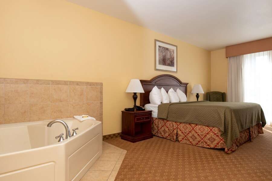 Hotel room with bed, jacuzzi tub, and nightstand. Yellow walls, brown accents, and natural light.