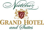 Logo for Natchez Grand Hotel and Suites with decorative script and emblem.