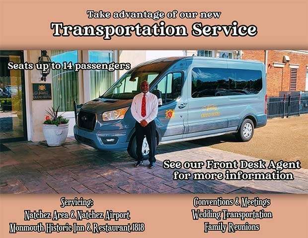 Ad for a transportation service, featuring a van and a man standing in front. Text indicates seating for up to 14 passengers.