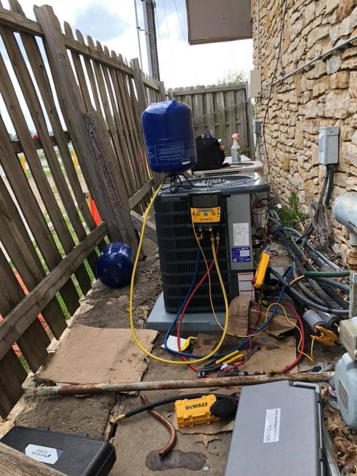 HVAC refrigerant recharge and system testing with tools and gauges