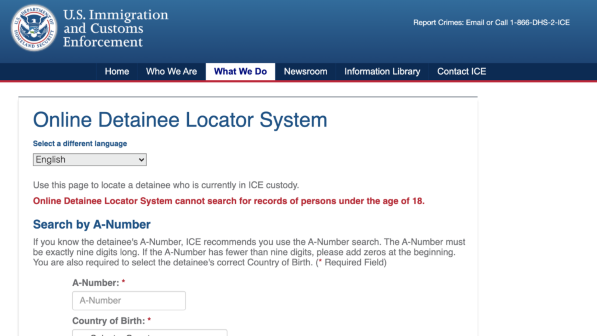 U.S. Immigration and Customs Enforcement's Online Detainee Locator System webpage. Allows searches for detainees.