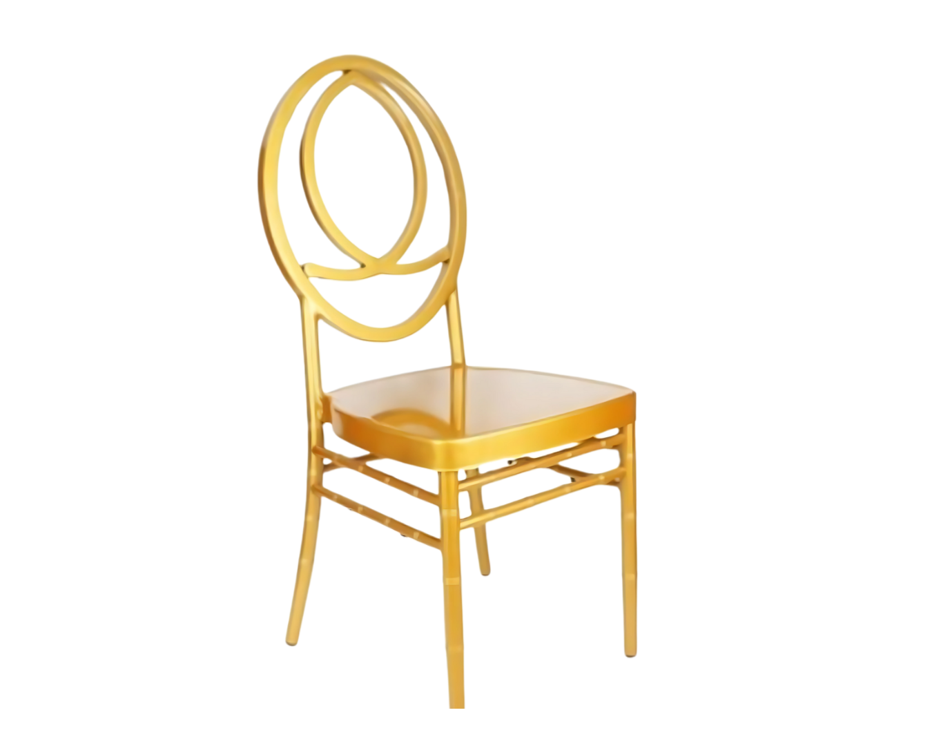 A gold chair with a round back on a white background