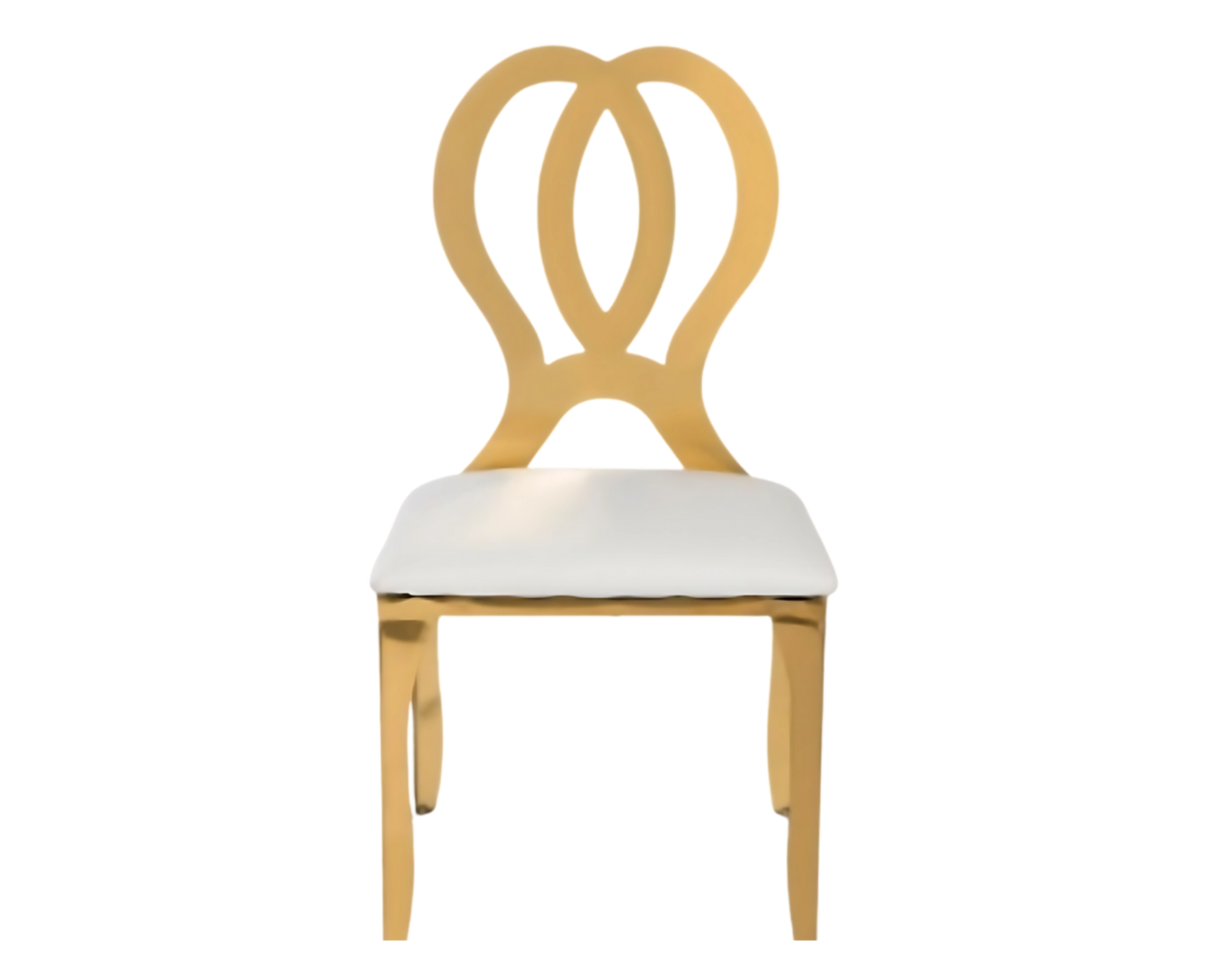 A gold chair with a white cushion on a white background