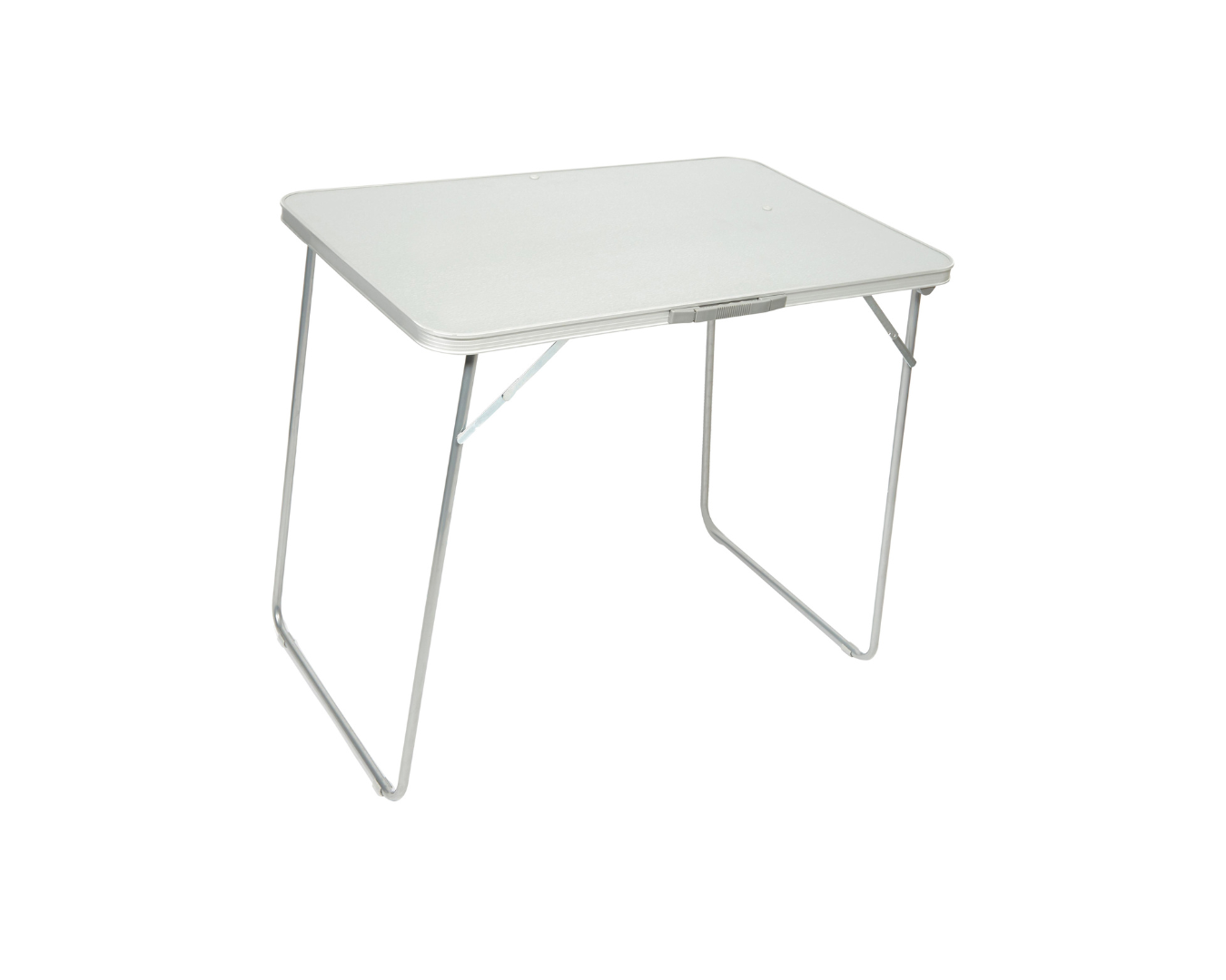 A white folding table with metal legs on a white background