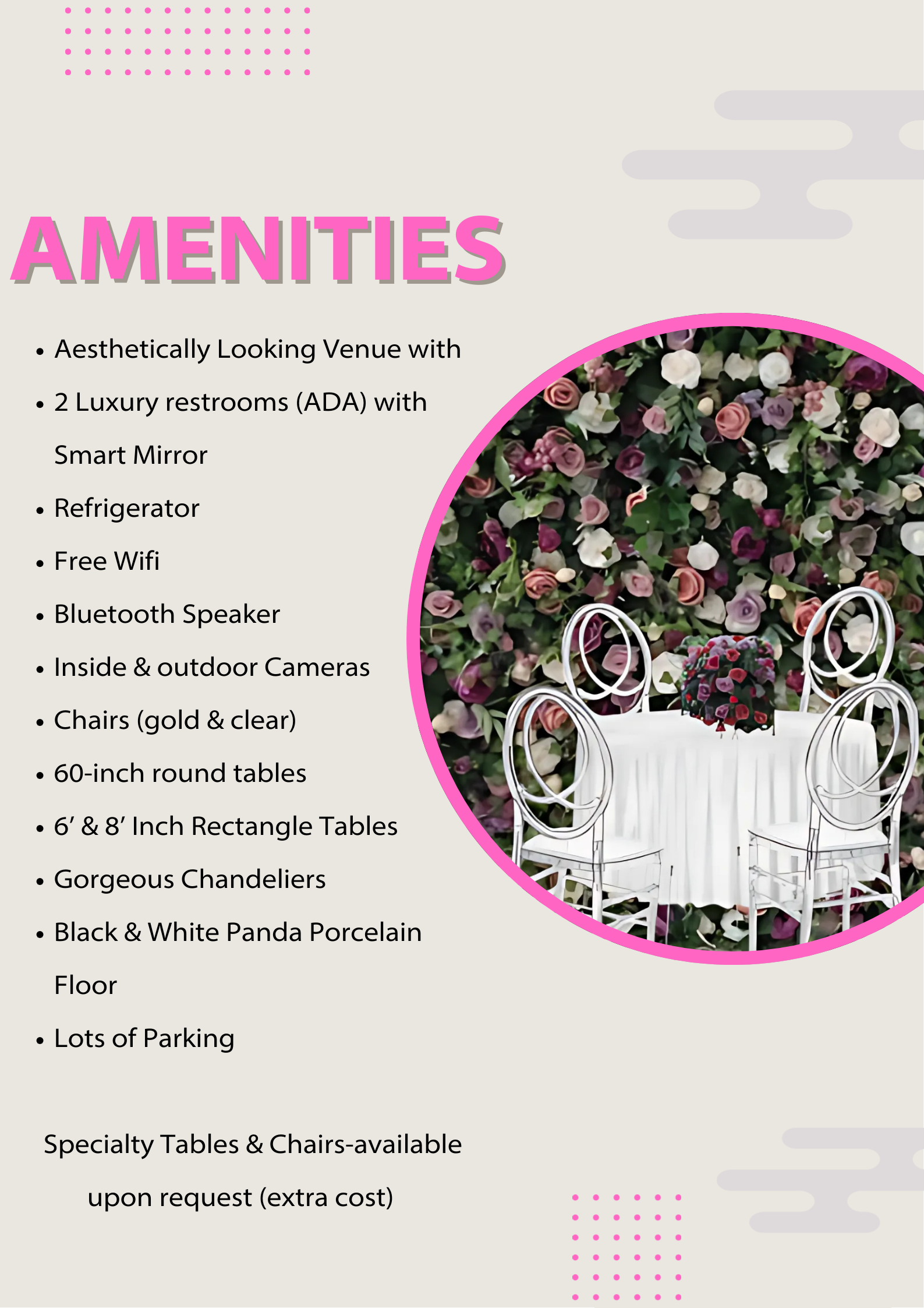 There is a picture of a wedding cake on a table in a circle.