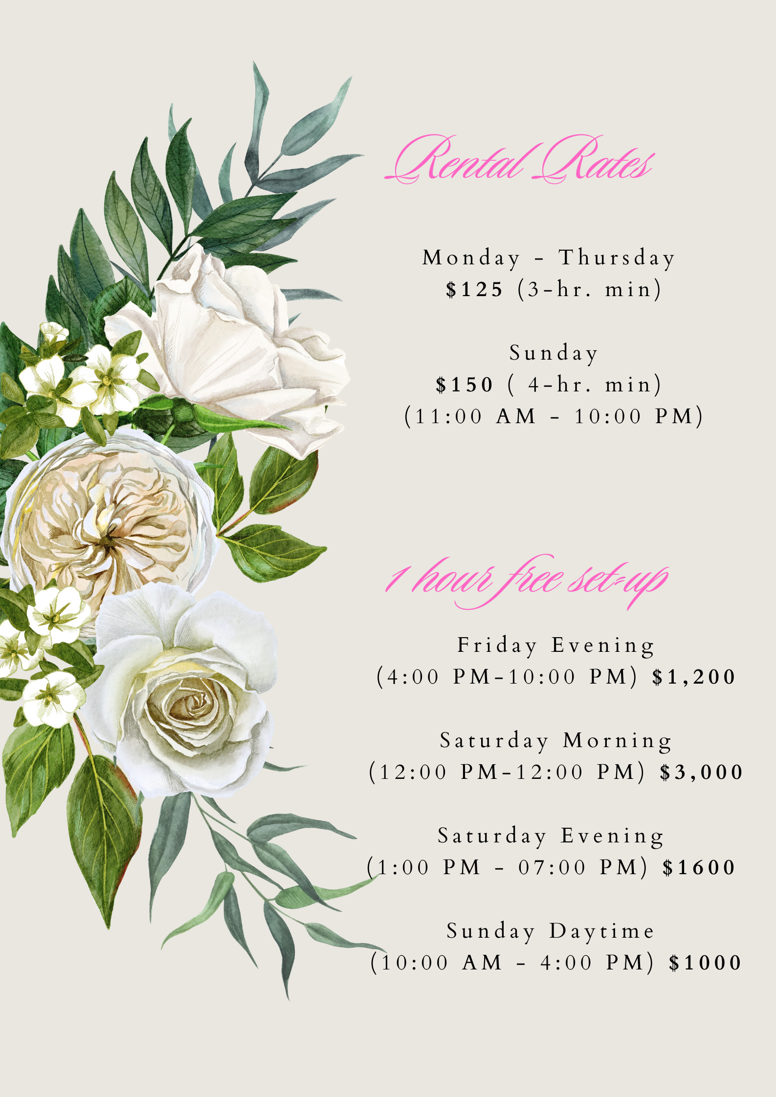 A wedding invitation with white roses and green leaves