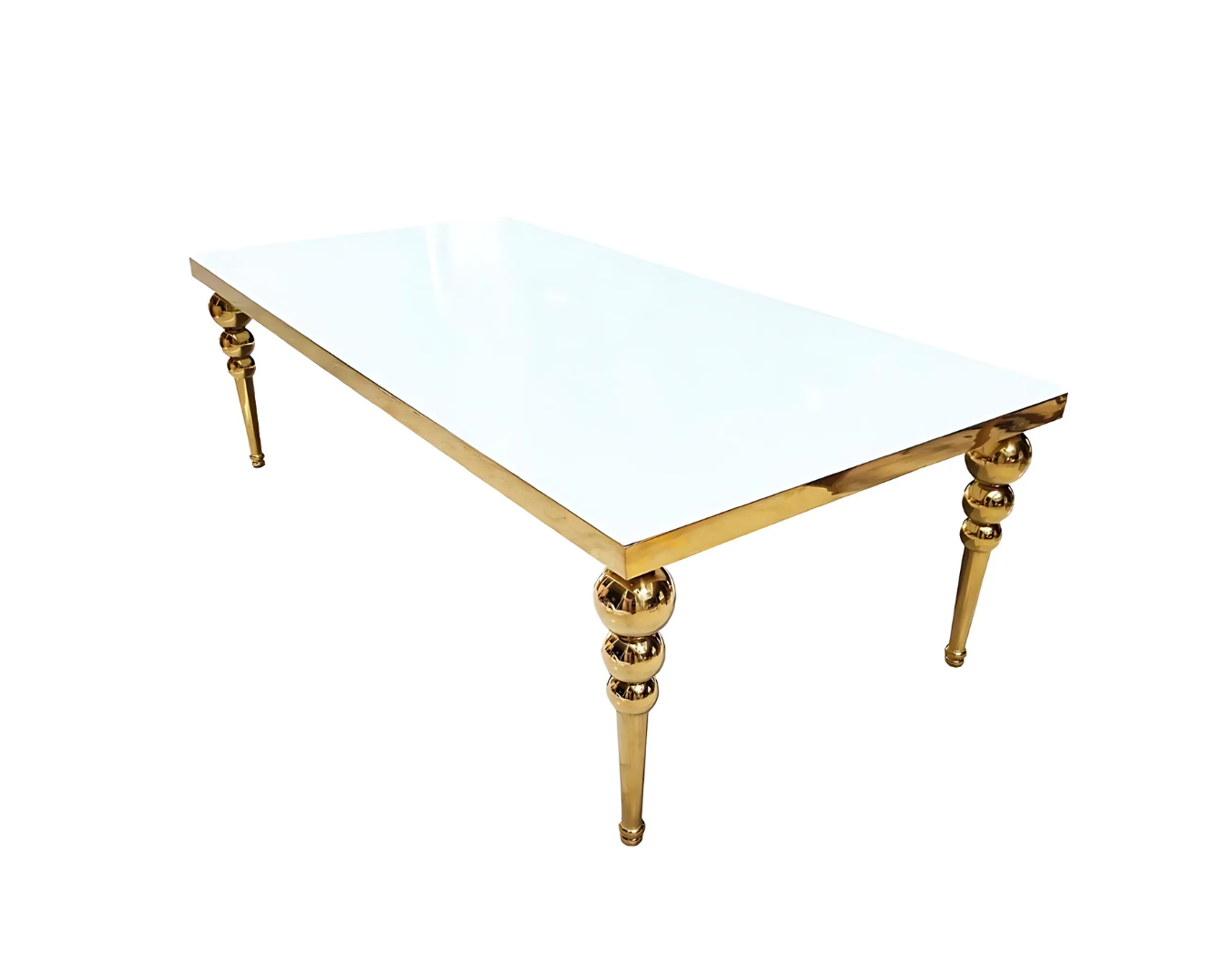 A long white table with gold legs on a white background.