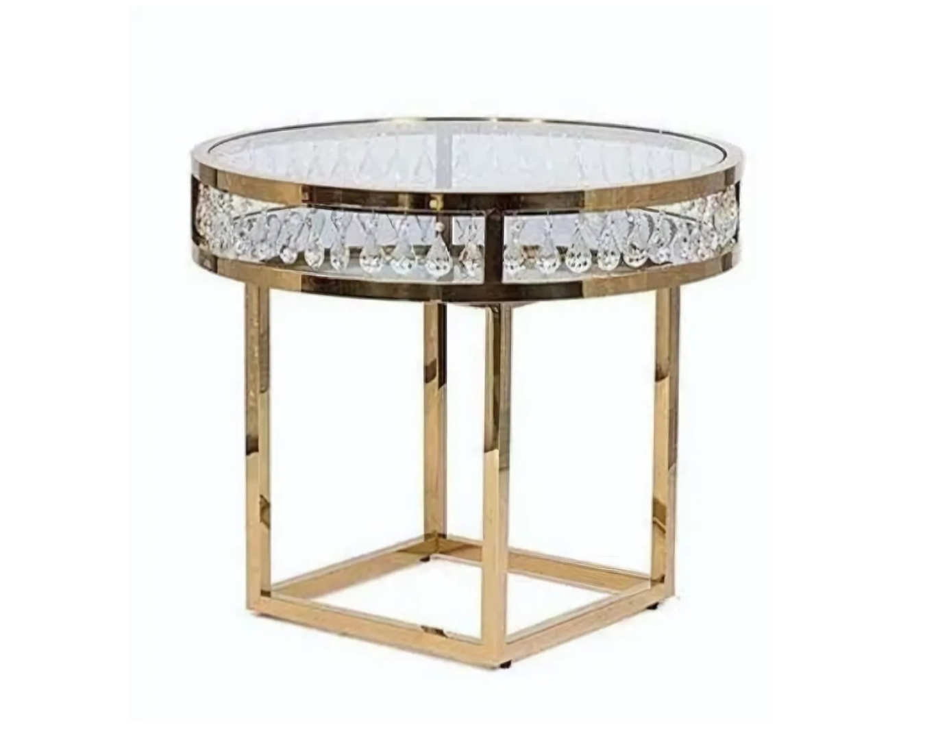 A round side table with a clear glass top and a gold frame.