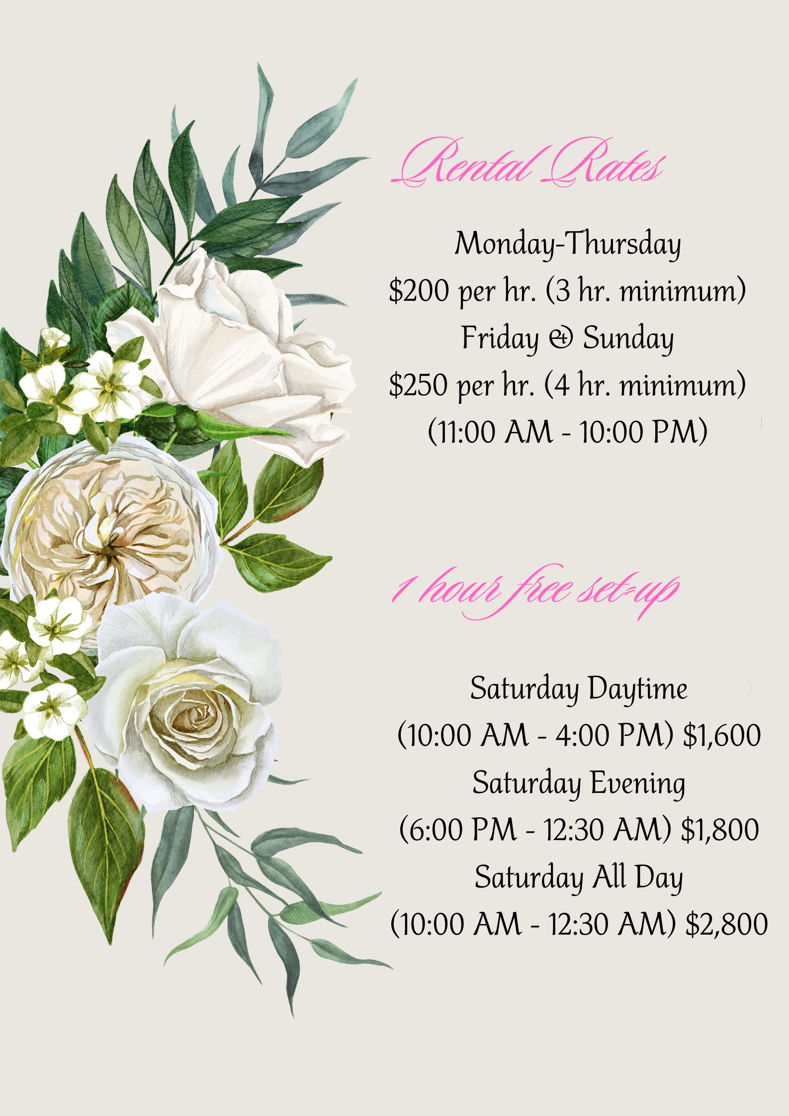 A wedding invitation with white roses and green leaves