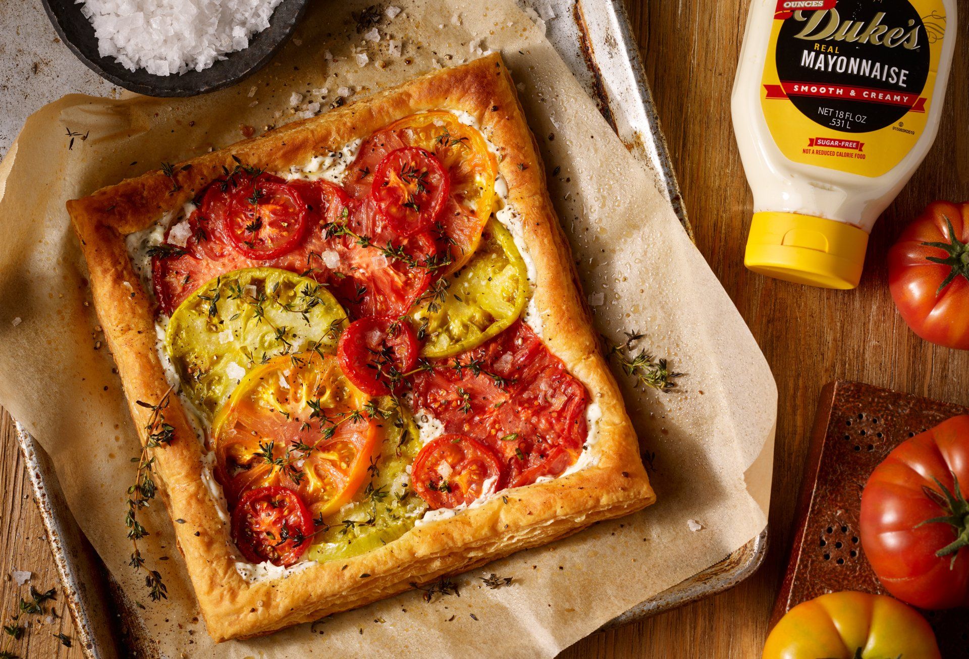 food photography of a tomato tart with Duke's mayo photographed by rusty hill
