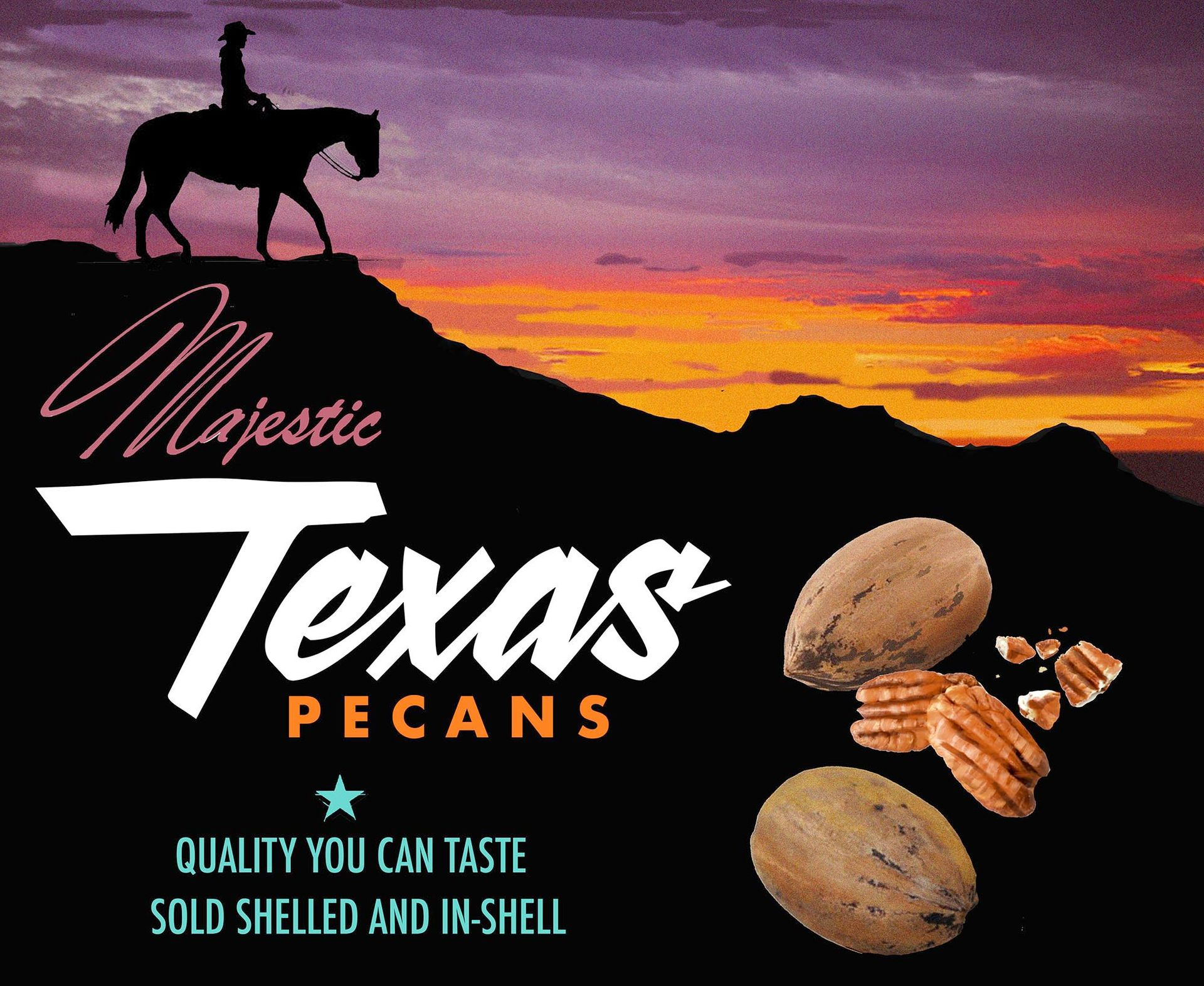 Illustration by Eric Cash for Texas Pecans showing a cowboy on horseback at the edge of a canyon with a dramatic sunset sky.