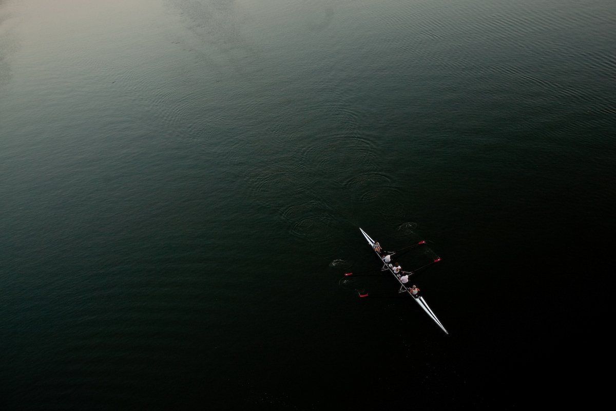 overhead shot of rowers