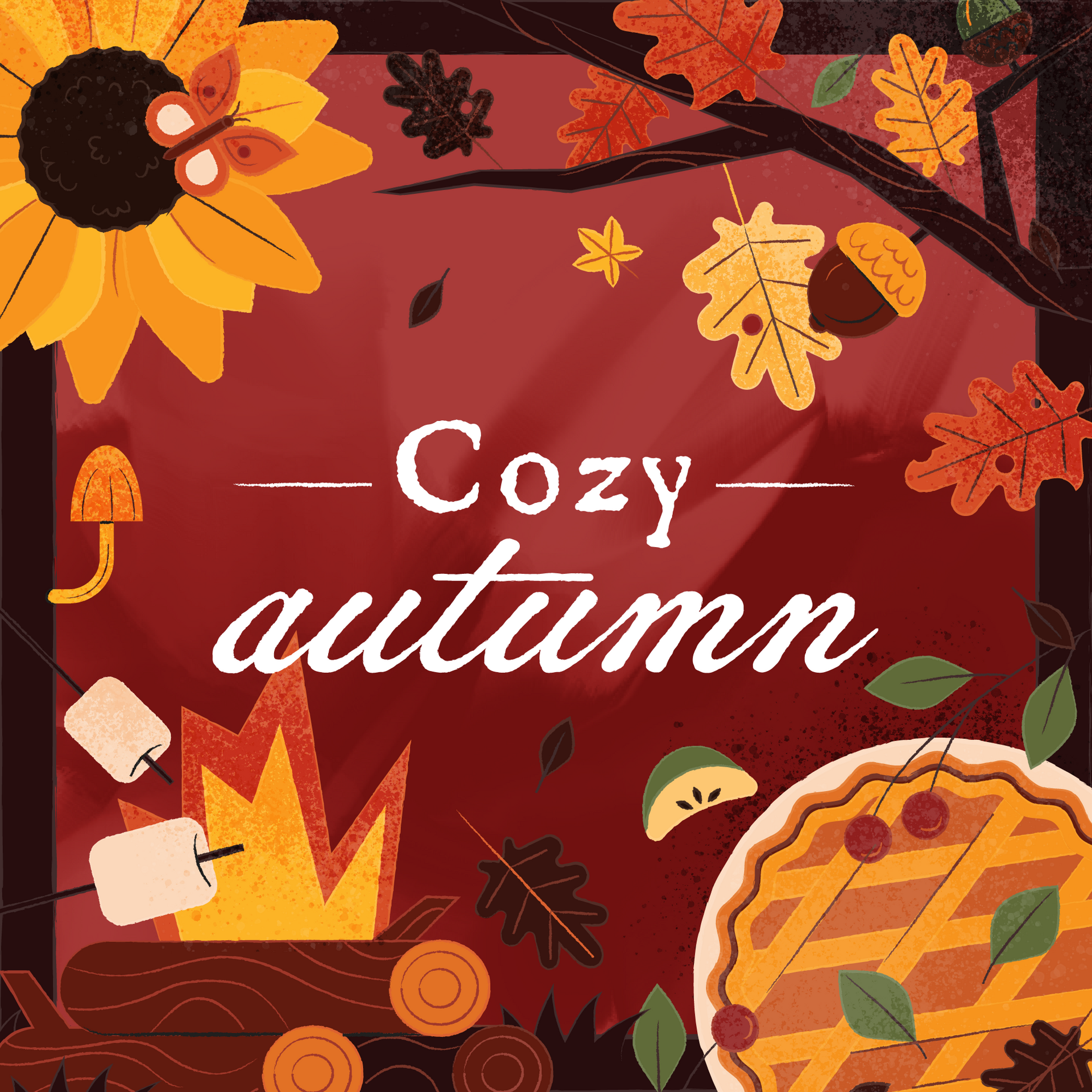 Animated fall scene with pumpkins, gourds, and autumn leaves, warm colors, and cozy seasonal details