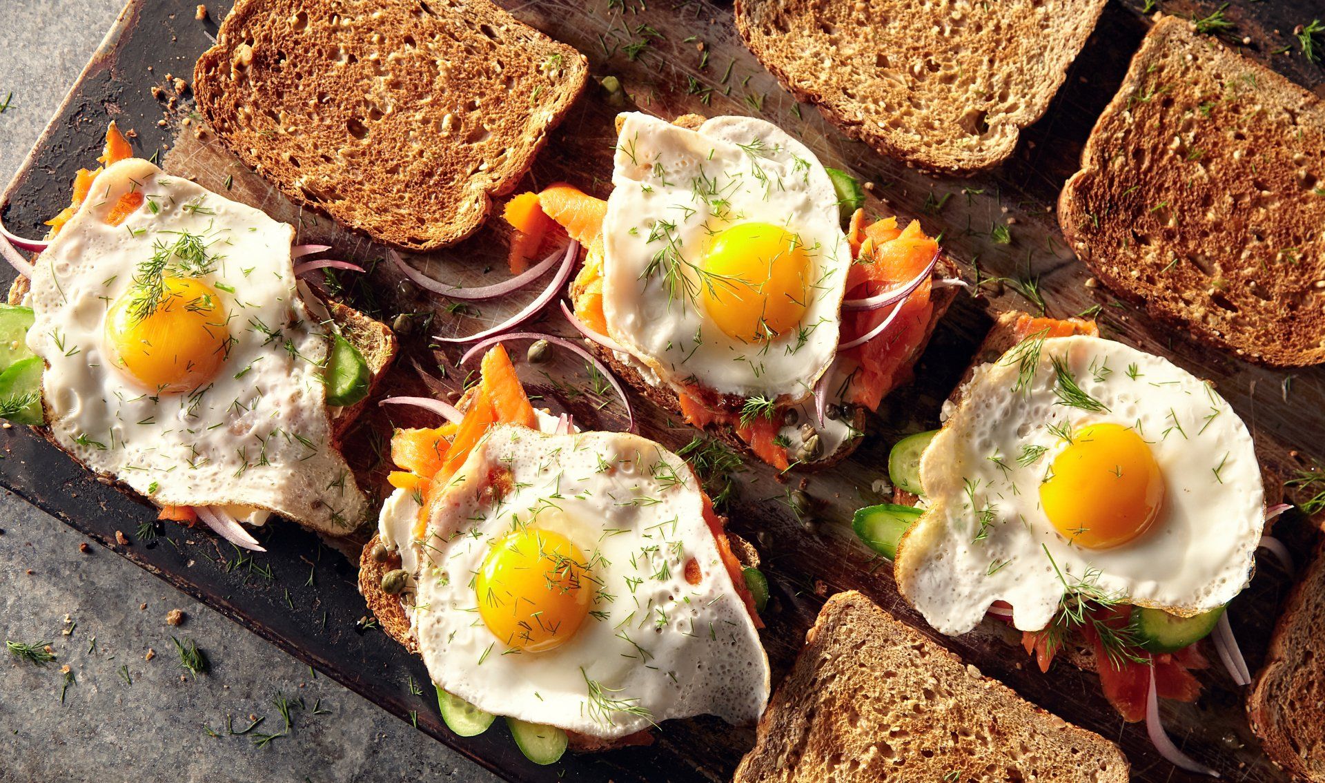 overhead shot of sunny side up eggs on toast shot by food photographer rusty hill