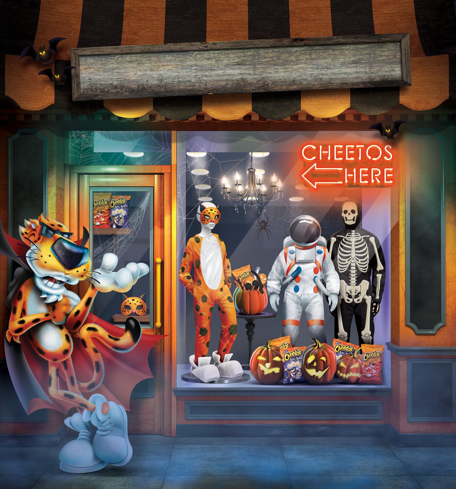 2d illustration of chester cheetah in front of halloween store