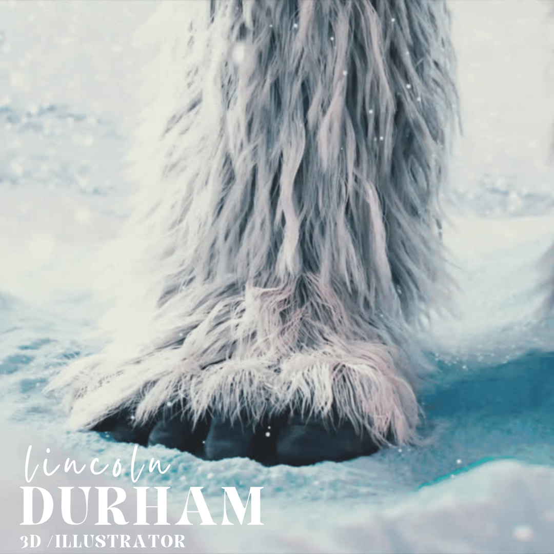 3D-rendered yeti character with snow-covered fur and footprints, created by Lincoln Durham in ZBrush