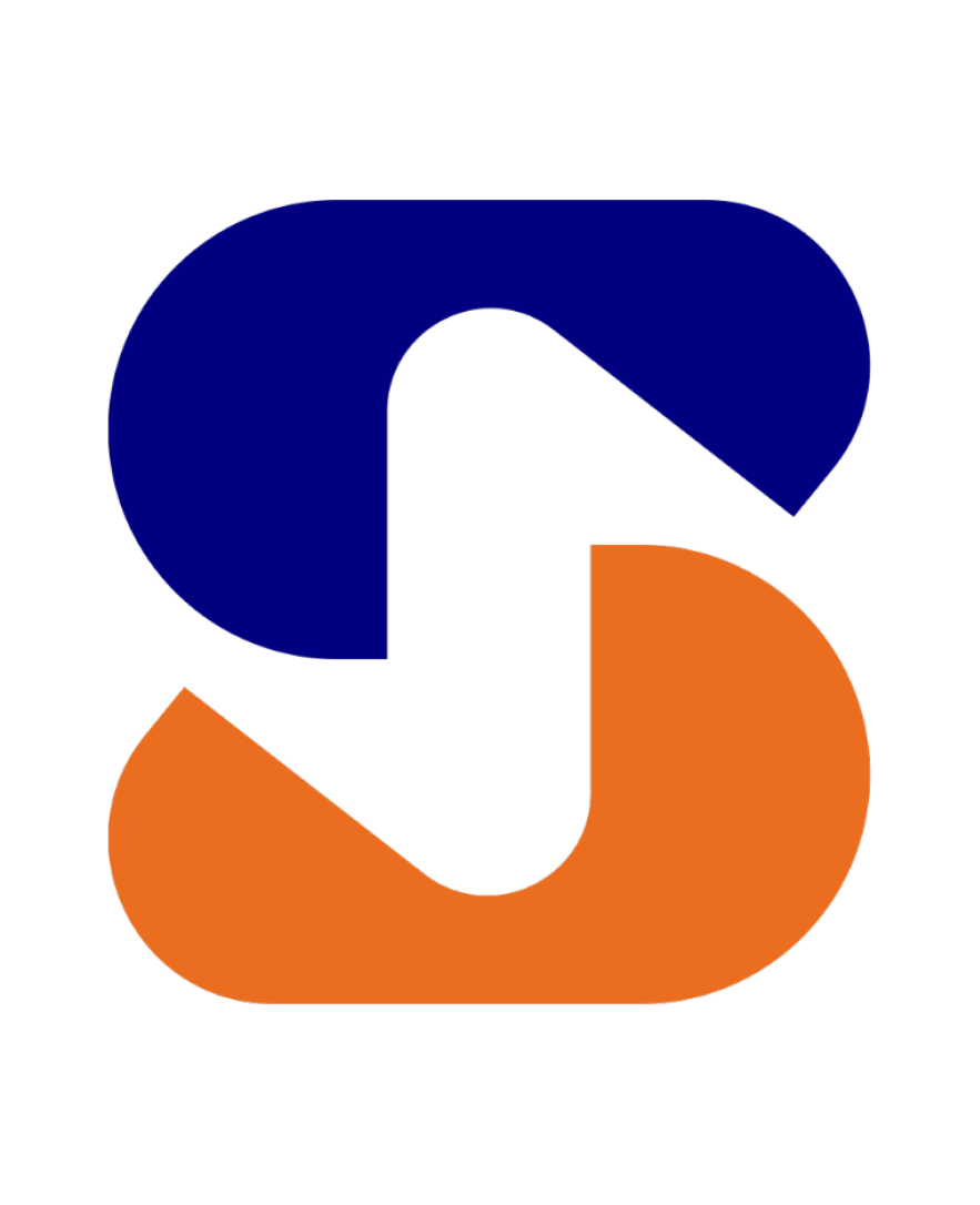 Mountain logo in a diamond shape. Dark blue and gray mountains with a sun graphic.