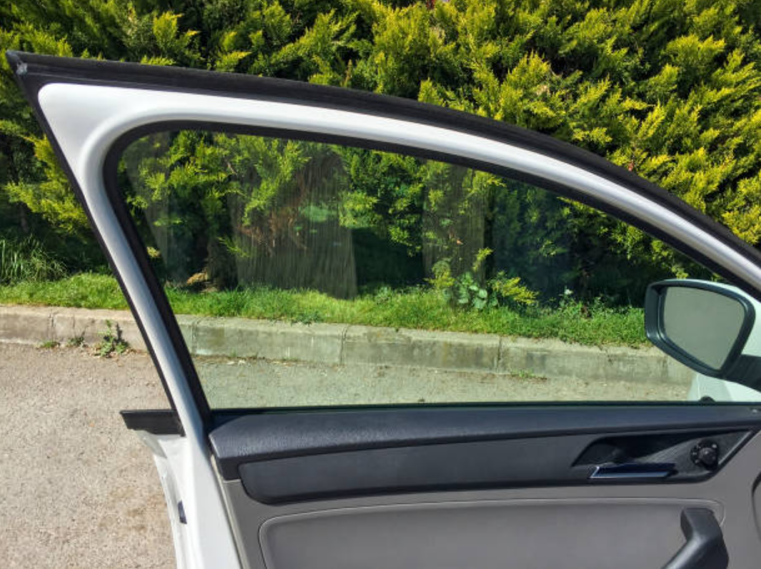 Car door open, showcasing a window and interior, with a green landscape visible outside.