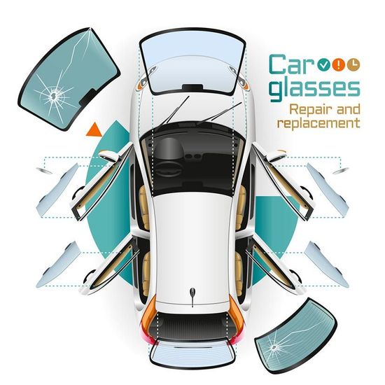 Top-down view of a white car with broken and intact glass components, promoting repair and replacement services.