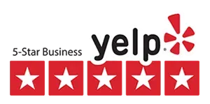 Yelp logo with a 5-star rating. Black text on white, five red stars.