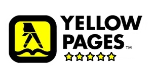 Yellow Pages logo with a walking figure in a yellow square and five stars.