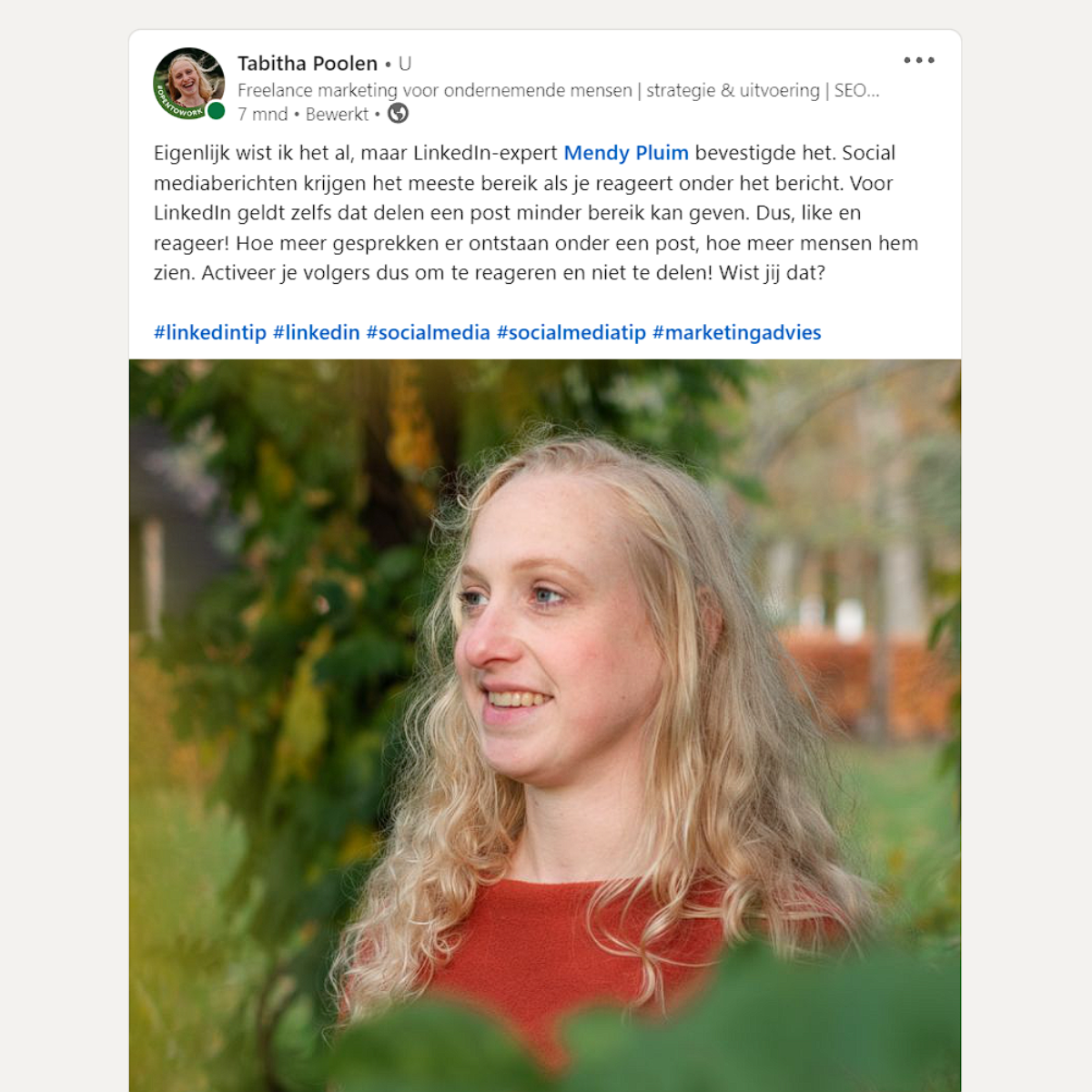 Volg Tabitha op LinkedIn voor inspiratie, tips en trucs