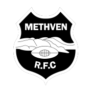 A black and white logo for methven r.f.c.