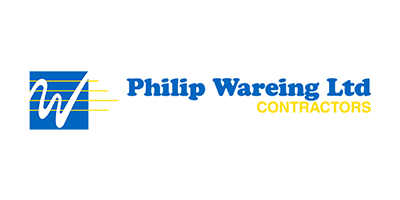 A blue and yellow logo for phillip wareing ltd contractors