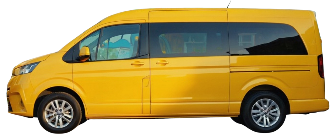 Yellow passenger van with tinted windows, likely for transporting people.