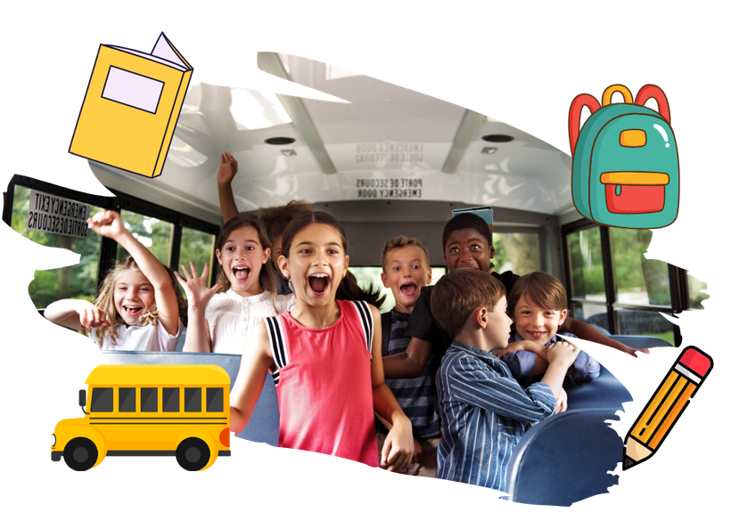 Children excitedly riding a school bus, surrounded by school-themed illustrations.