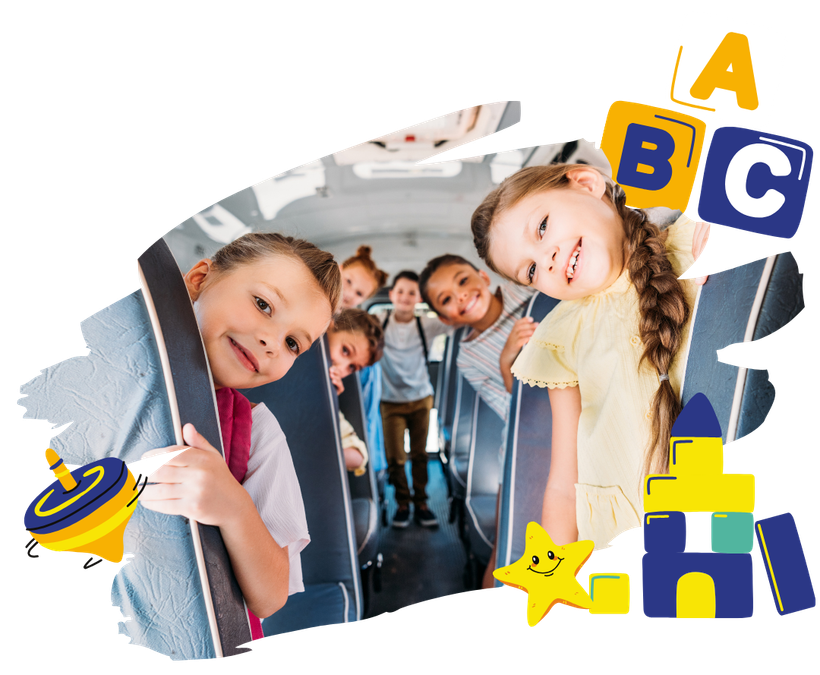 Children peeking out of a bus, smiling. ABC blocks, toy blocks, and a star add to the colorful, playful theme.
