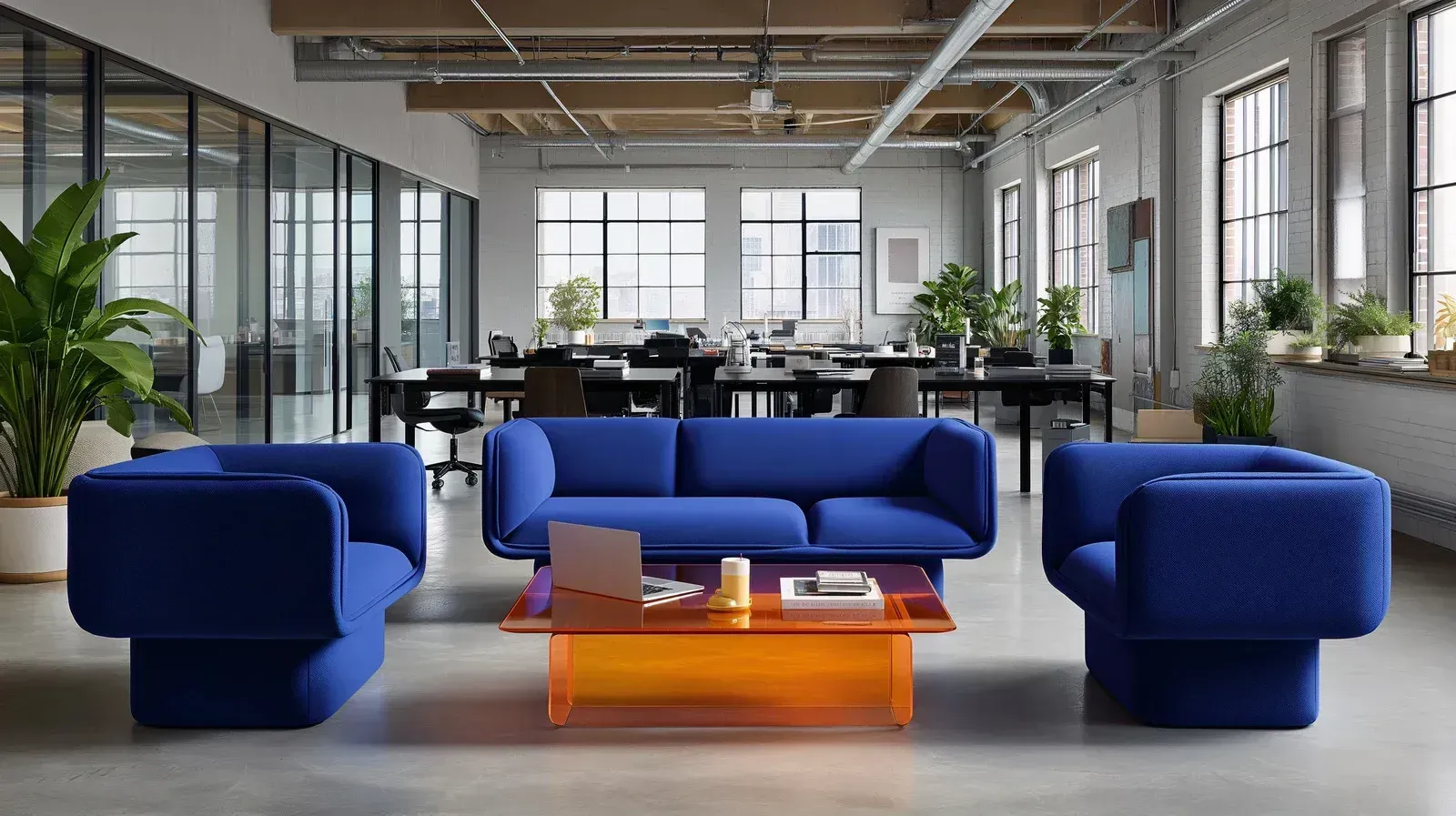 Blue seating area in modern office. Orange coffee table. Tables, plants, and windows in background.